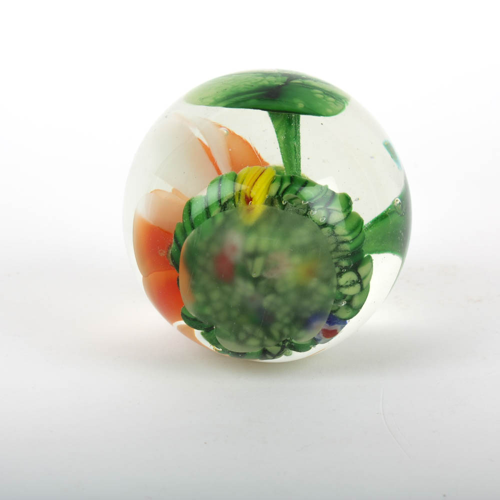 Art Glass Paperweight with Lily Pads and Orange Blossom