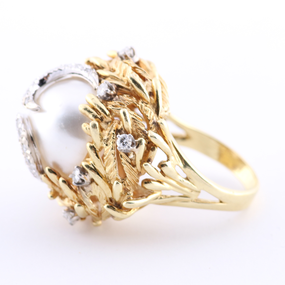 18K Yellow Gold Ring with a Mabe Pearl and Diamond Accents