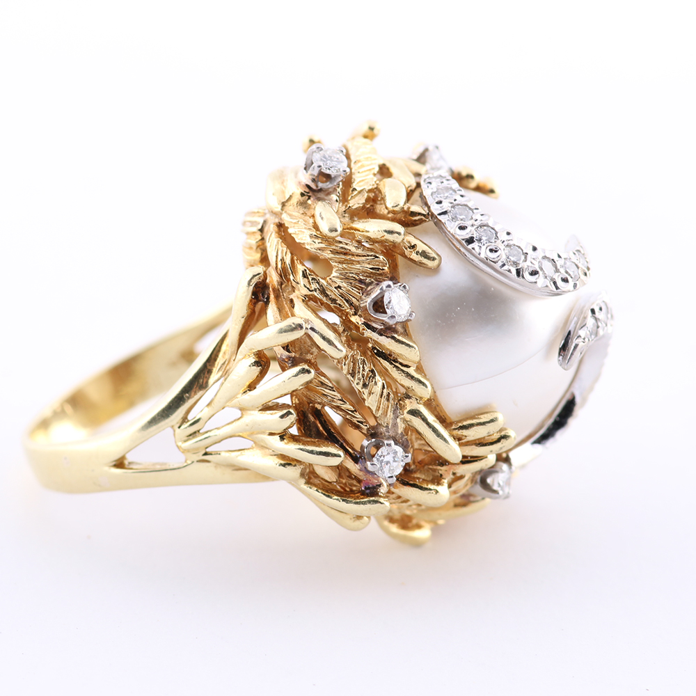 18K Yellow Gold Ring with a Mabe Pearl and Diamond Accents