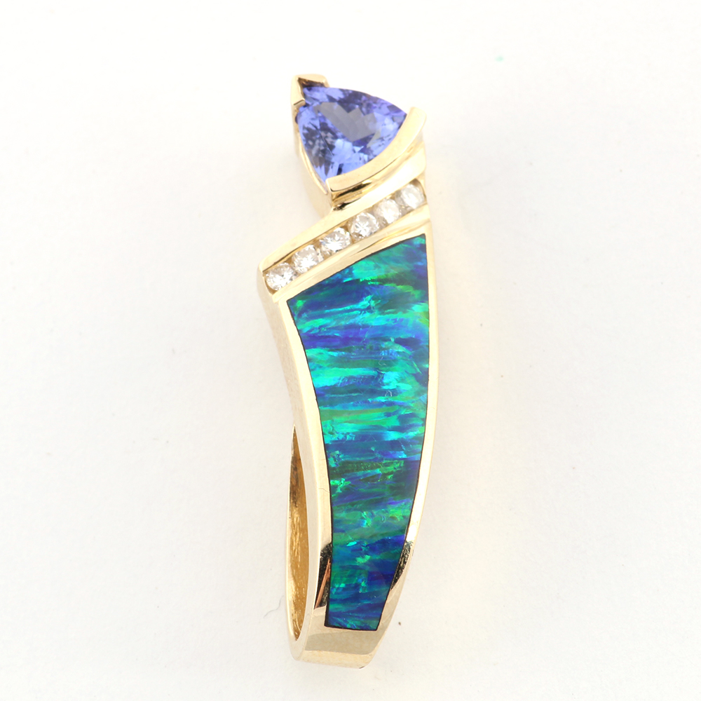 14K Gold, Diamond, Tanzanite and Synthetic Opal Pendant