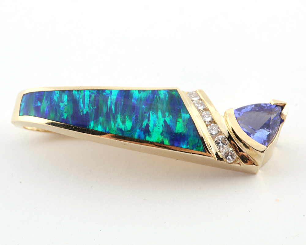 14K Gold, Diamond, Tanzanite and Synthetic Opal Pendant