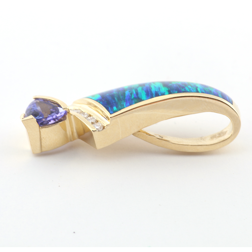 14K Gold, Diamond, Tanzanite and Synthetic Opal Pendant