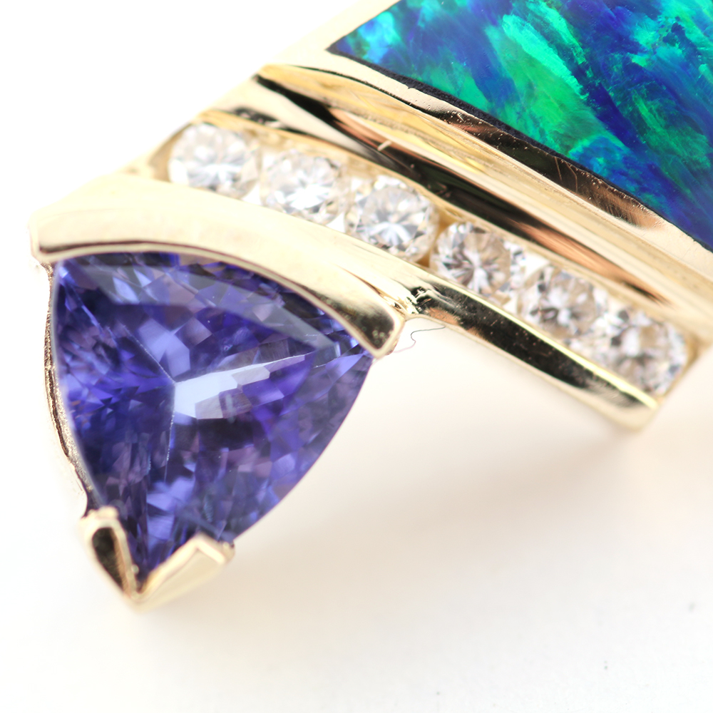 14K Gold, Diamond, Tanzanite and Synthetic Opal Pendant