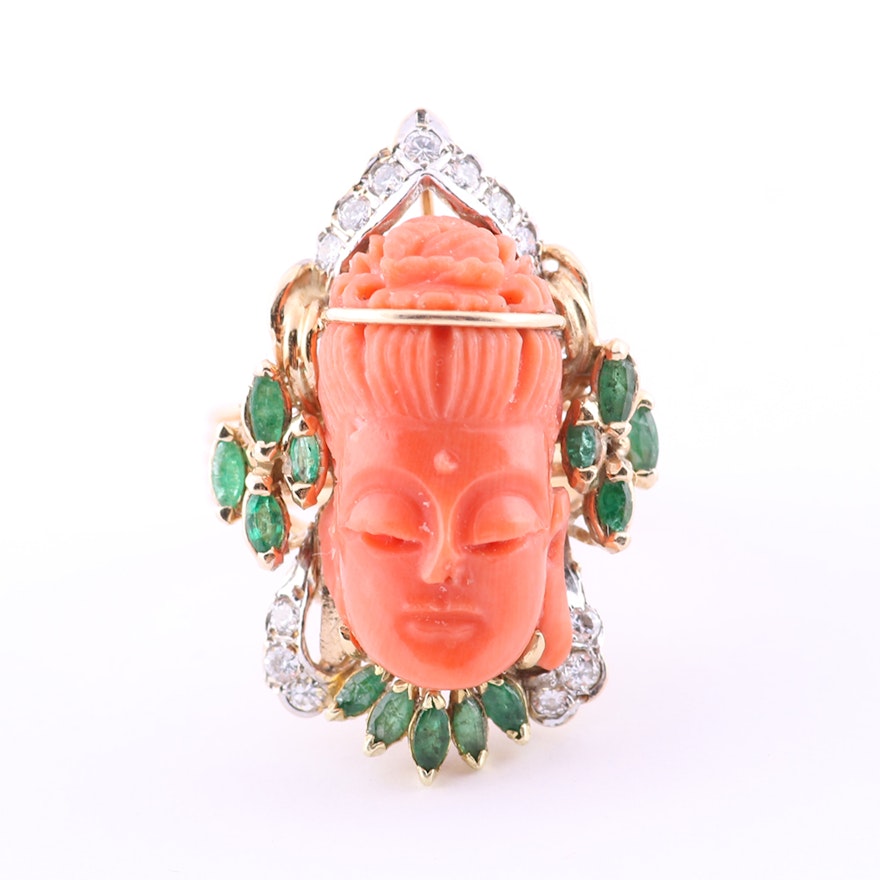 Asian Inspired 14K Yellow Gold, Coral, Diamond, and Emerald Ring