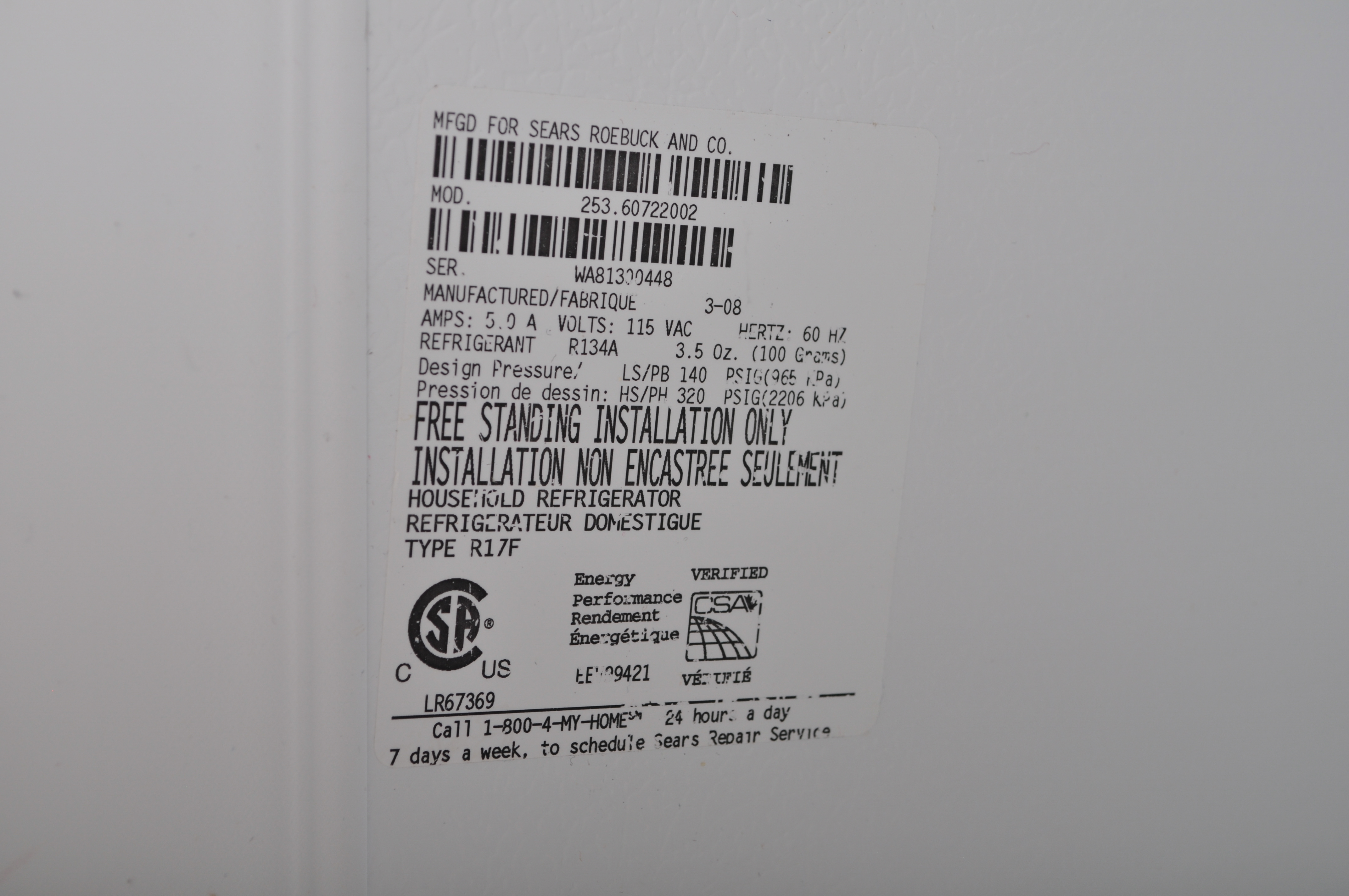 Kenmore Free Standing Refrigerator