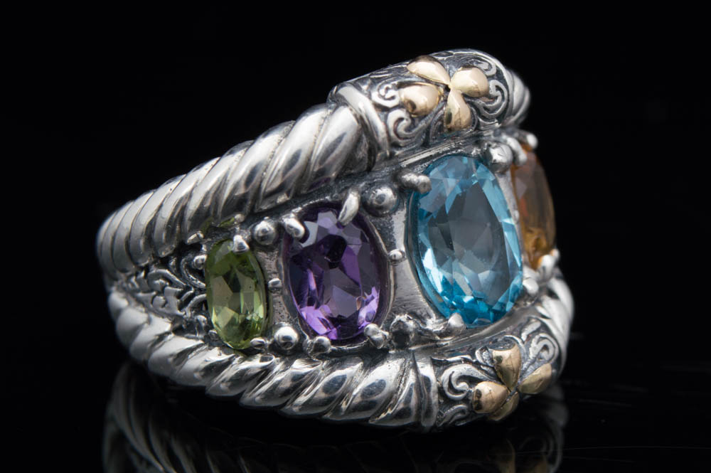 Sterling Silver, 18K Gold and Semi-Precious Gemstones Ring