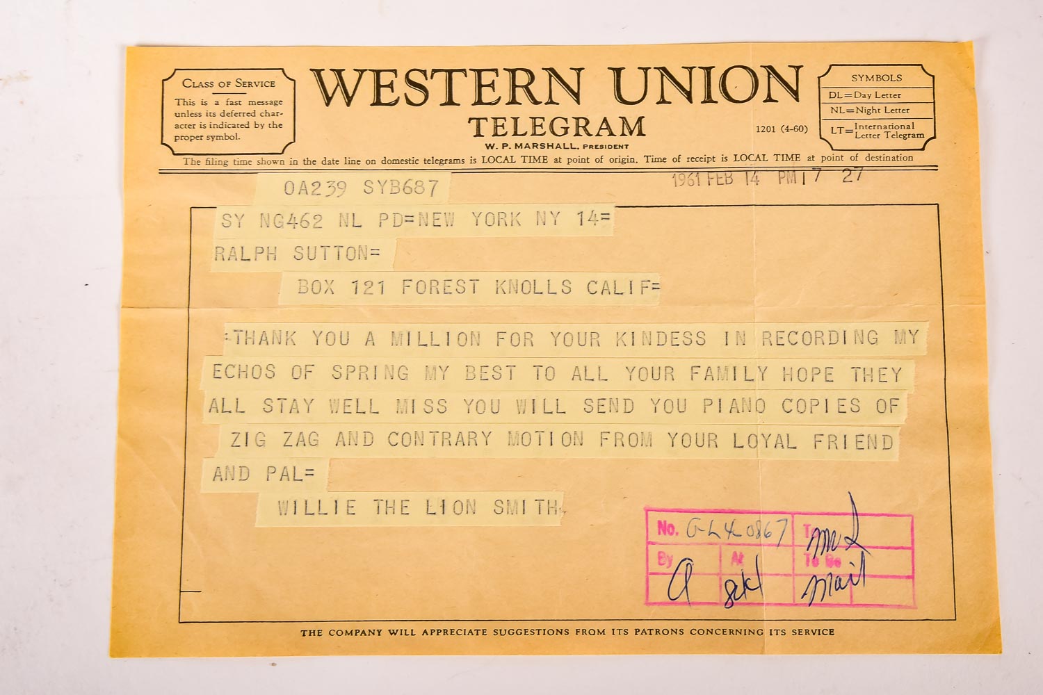 Willie "The Lion" Smith and Ralph Sutton Correspondence