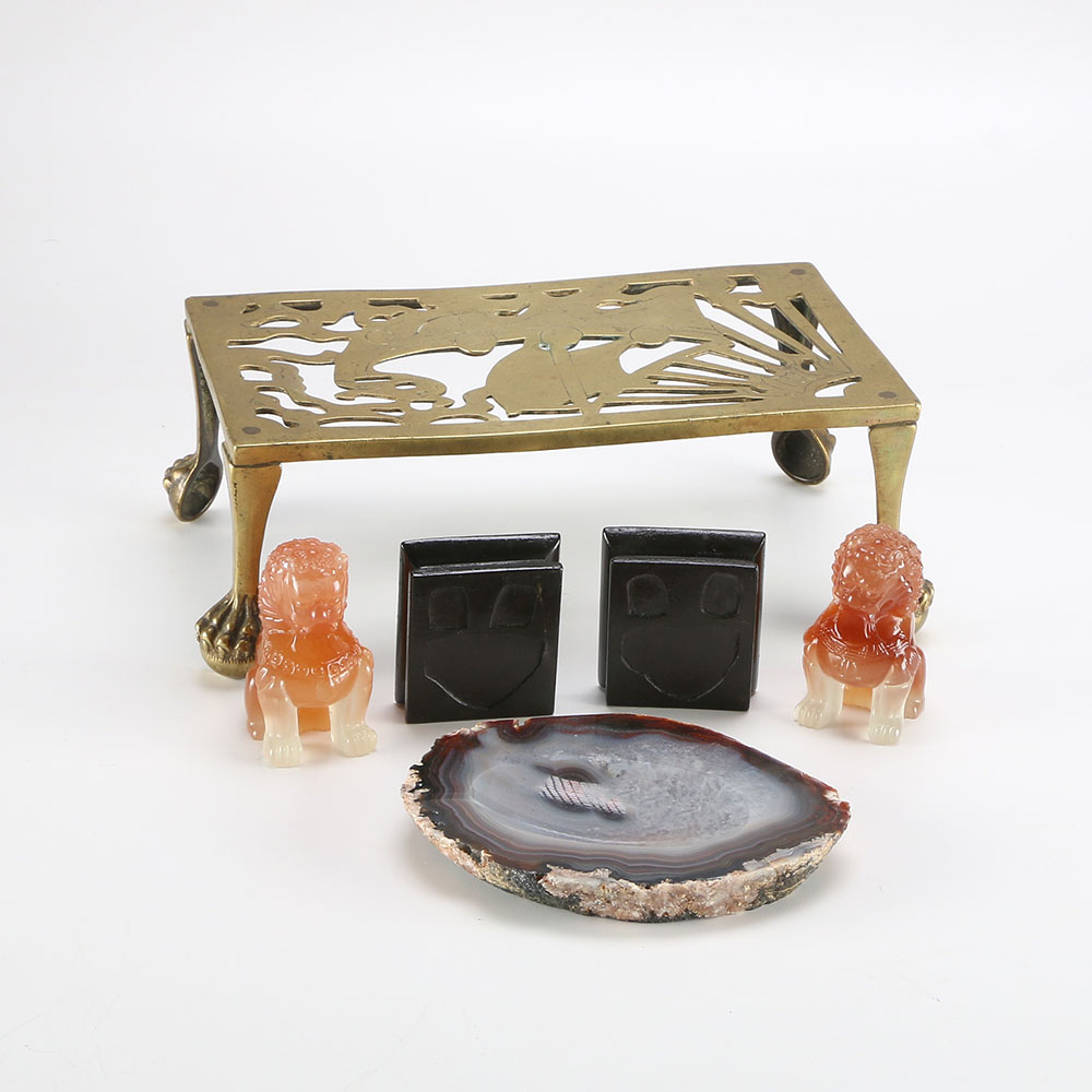 Chinese Guardian Lion Figurines and Brass Stand