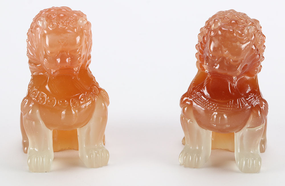 Chinese Guardian Lion Figurines and Brass Stand