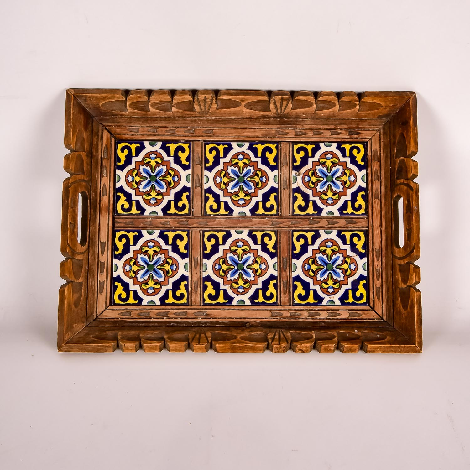 Vintage Wooden and Ceramic Tile Serving Tray