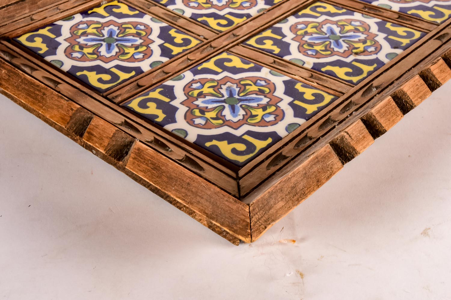Vintage Wooden and Ceramic Tile Serving Tray
