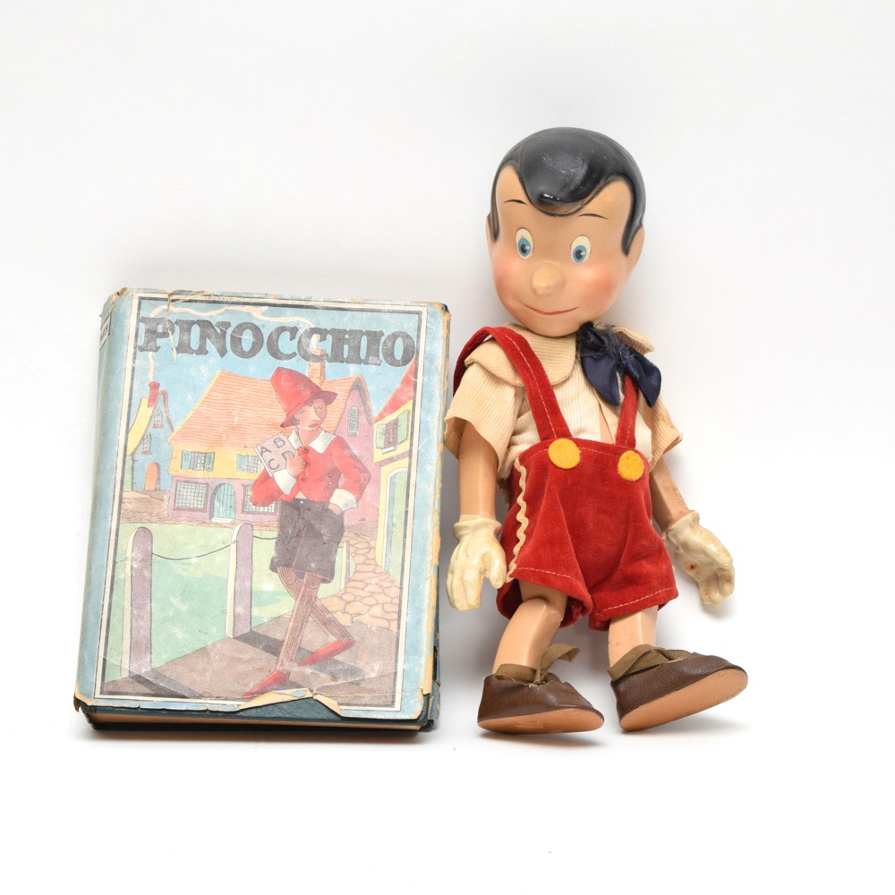 1930s Articulated Composite Disney Pinocchio Doll and First Edition 1916 Pinocchio Book