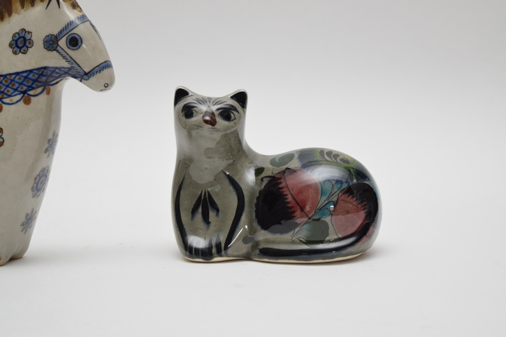 Vintage Signed Mexican Tonala Ken Edwards Pottery Horse and Cat