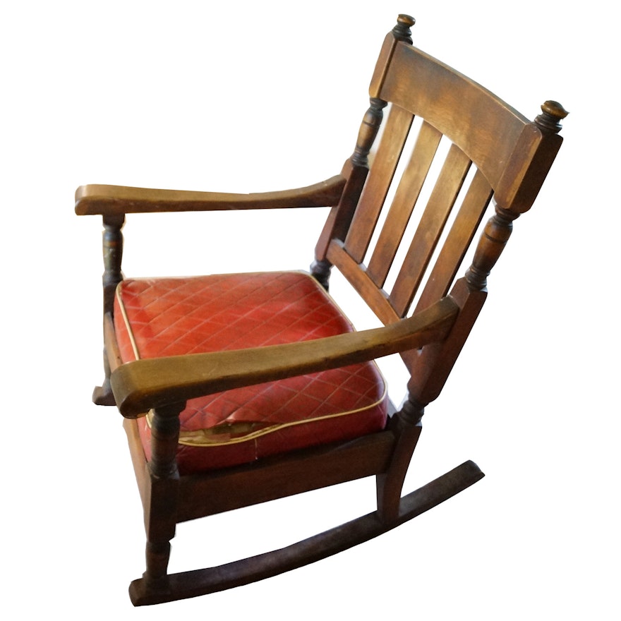 Antique Wood Rocking Chair with Red Cushion
