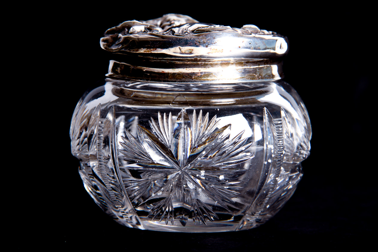 Antique Cut Glass Jewel Box with Silver Lid