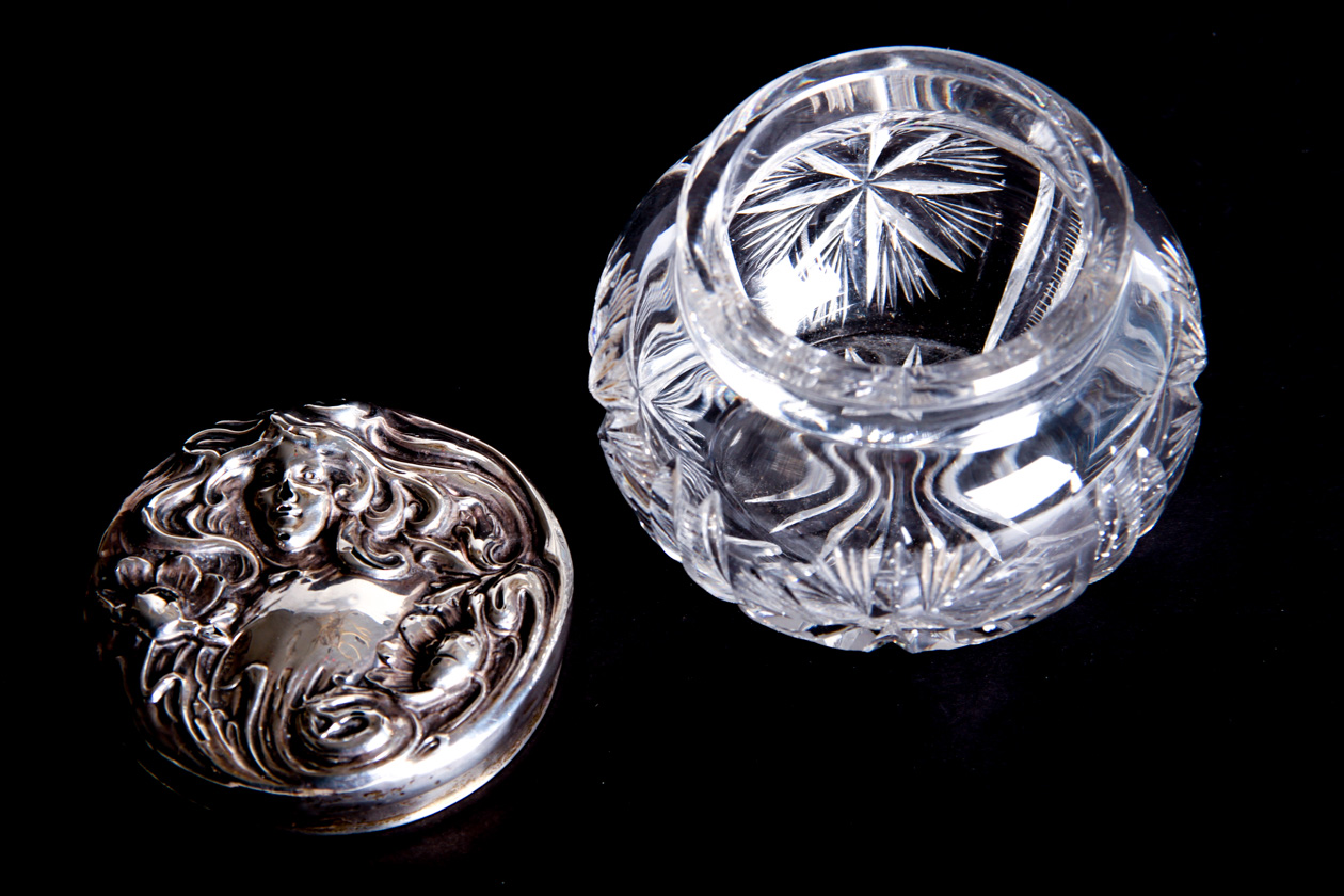 Antique Cut Glass Jewel Box with Silver Lid