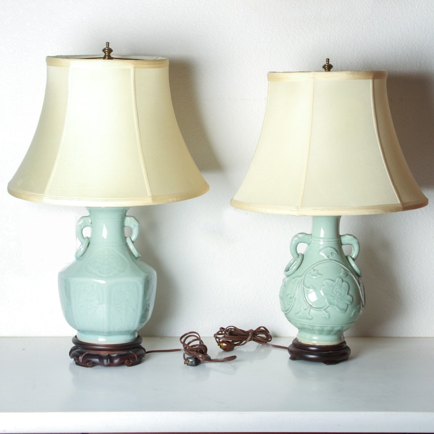 Antique Celadon Table Lamps w/Silk Shades, Pair