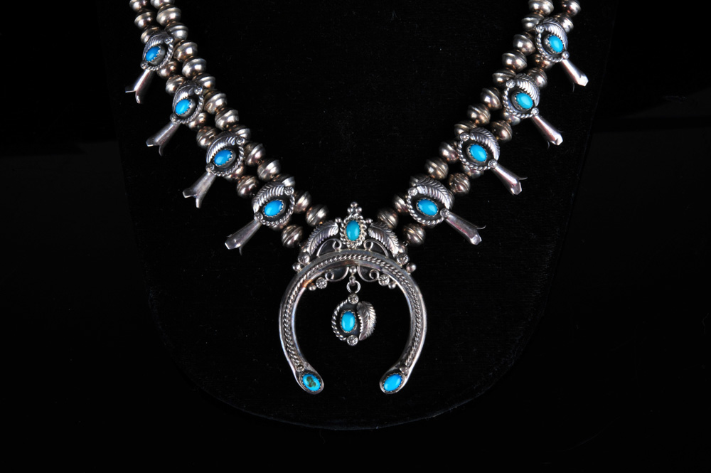 Signed  W. Haley Native American Sterling Silver and Turquoise Squash Blossom Necklace