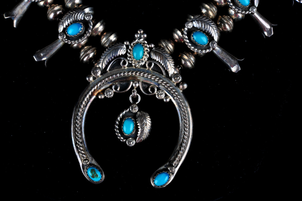 Signed  W. Haley Native American Sterling Silver and Turquoise Squash Blossom Necklace