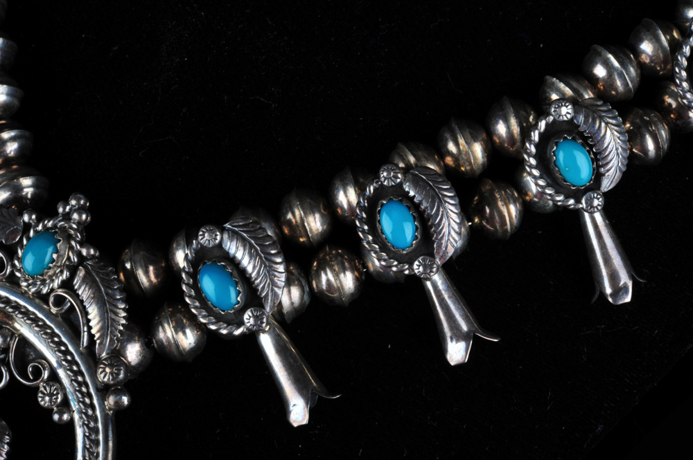 Signed  W. Haley Native American Sterling Silver and Turquoise Squash Blossom Necklace