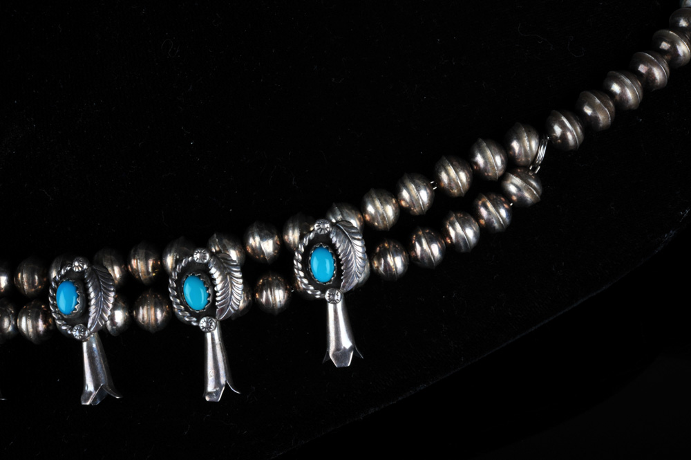 Signed  W. Haley Native American Sterling Silver and Turquoise Squash Blossom Necklace