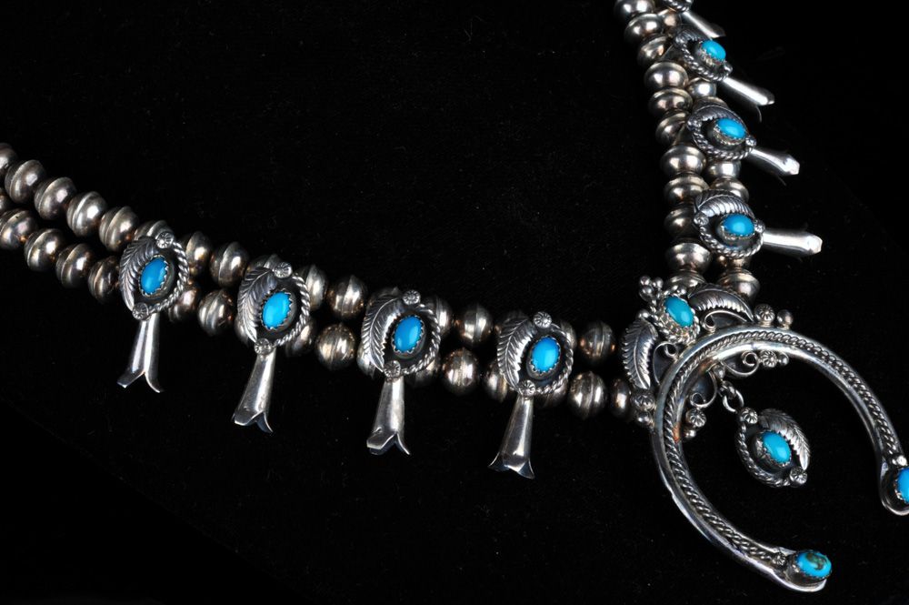 Signed  W. Haley Native American Sterling Silver and Turquoise Squash Blossom Necklace