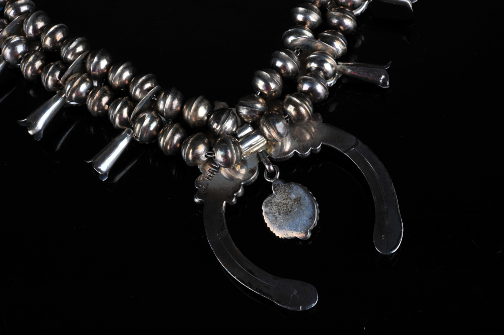 Signed  W. Haley Native American Sterling Silver and Turquoise Squash Blossom Necklace