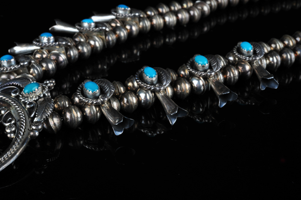 Signed  W. Haley Native American Sterling Silver and Turquoise Squash Blossom Necklace