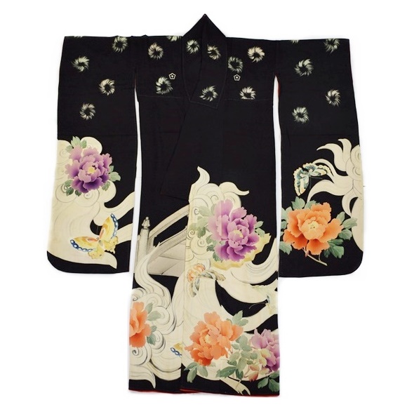 Early to Mid Showa Period Ladies Kimono in Black Chirimen Silk with Mimosa Flowers, Butterflies and Tree Peonies