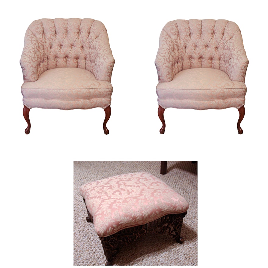 Pair of Upholstered Arm Chairs with Single Ottoman