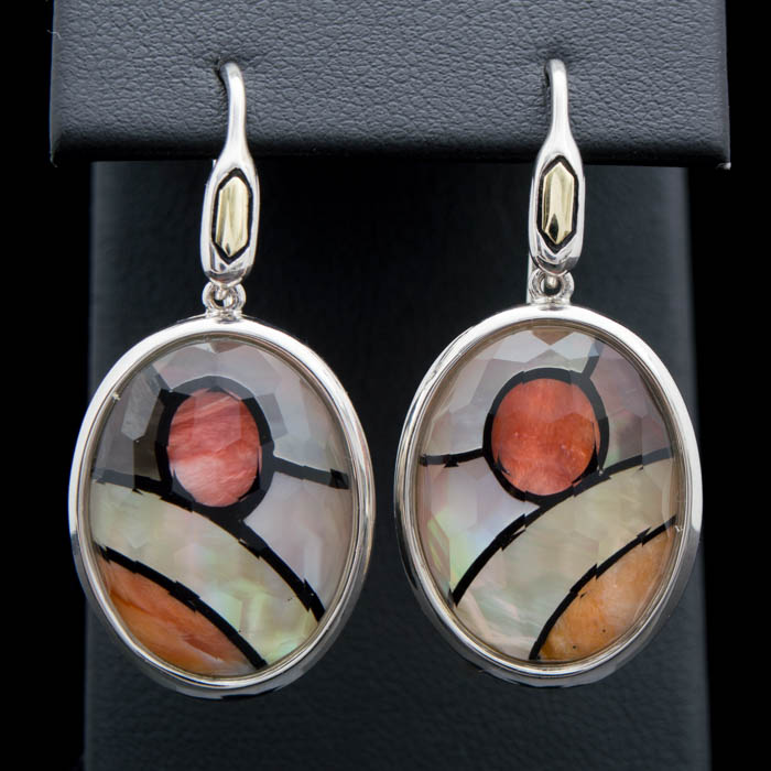 OAG Sterling Silver, 18K Gold and Multi-Agate Gemstone with Crystal Overlay Drop Earrings