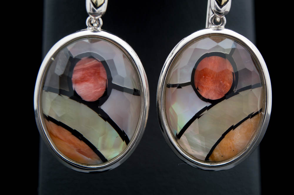 OAG Sterling Silver, 18K Gold and Multi-Agate Gemstone with Crystal Overlay Drop Earrings