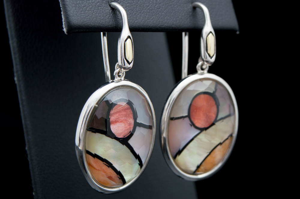 OAG Sterling Silver, 18K Gold and Multi-Agate Gemstone with Crystal Overlay Drop Earrings
