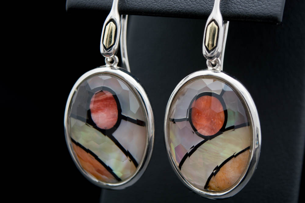 OAG Sterling Silver, 18K Gold and Multi-Agate Gemstone with Crystal Overlay Drop Earrings