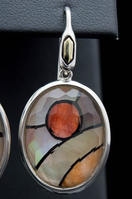 OAG Sterling Silver, 18K Gold and Multi-Agate Gemstone with Crystal Overlay Drop Earrings