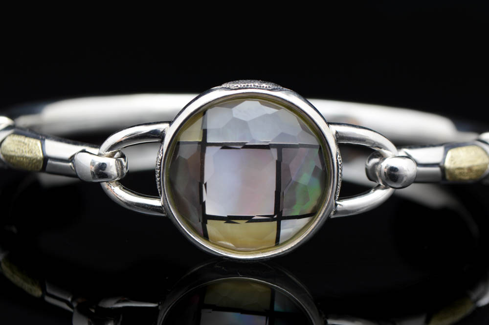 OAG Sterling Silver, 18K Gold, Crystal and Mother-of-Pearl Bangle Bracelet