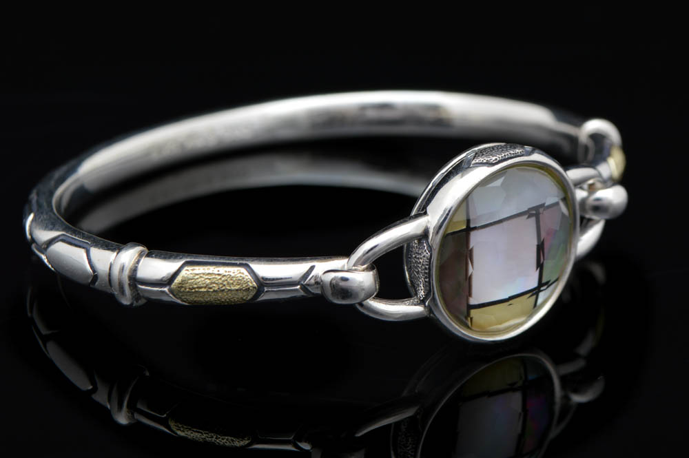 OAG Sterling Silver, 18K Gold, Crystal and Mother-of-Pearl Bangle Bracelet