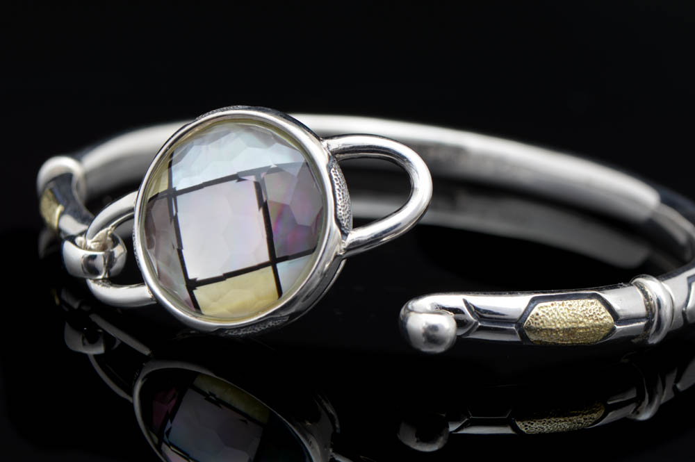 OAG Sterling Silver, 18K Gold, Crystal and Mother-of-Pearl Bangle Bracelet