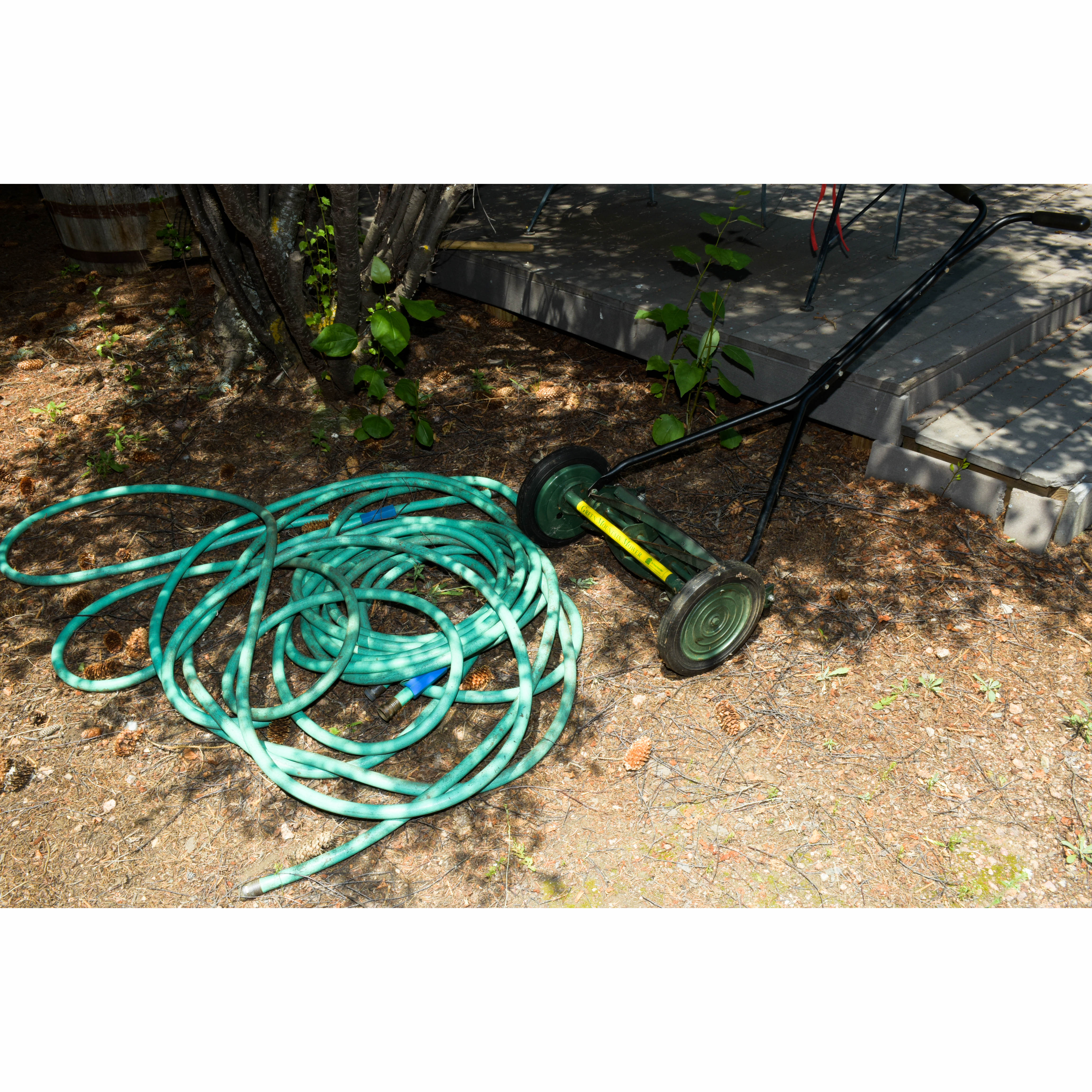 Green Push Mower and Yard Hose
