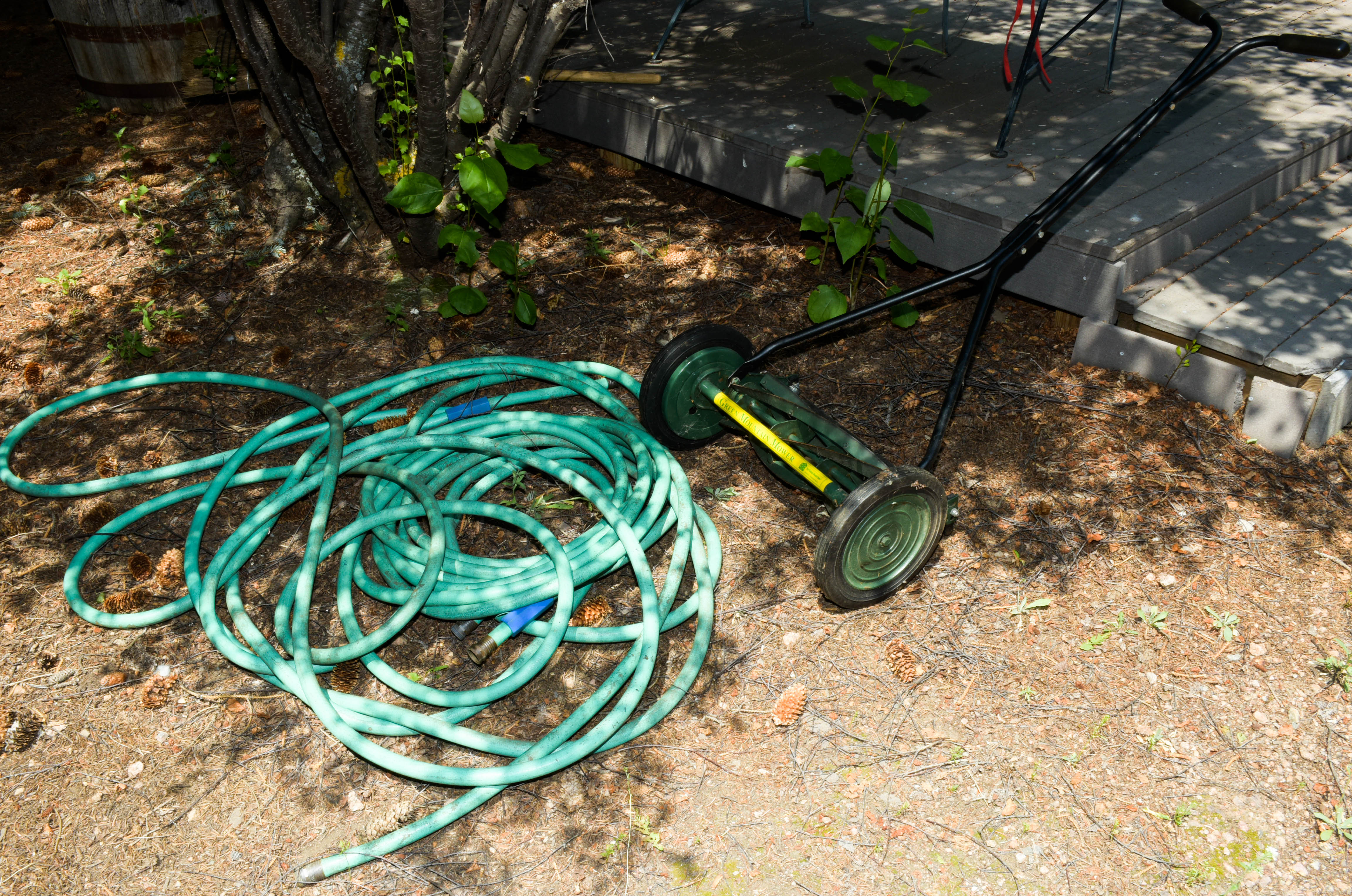 Green Push Mower and Yard Hose