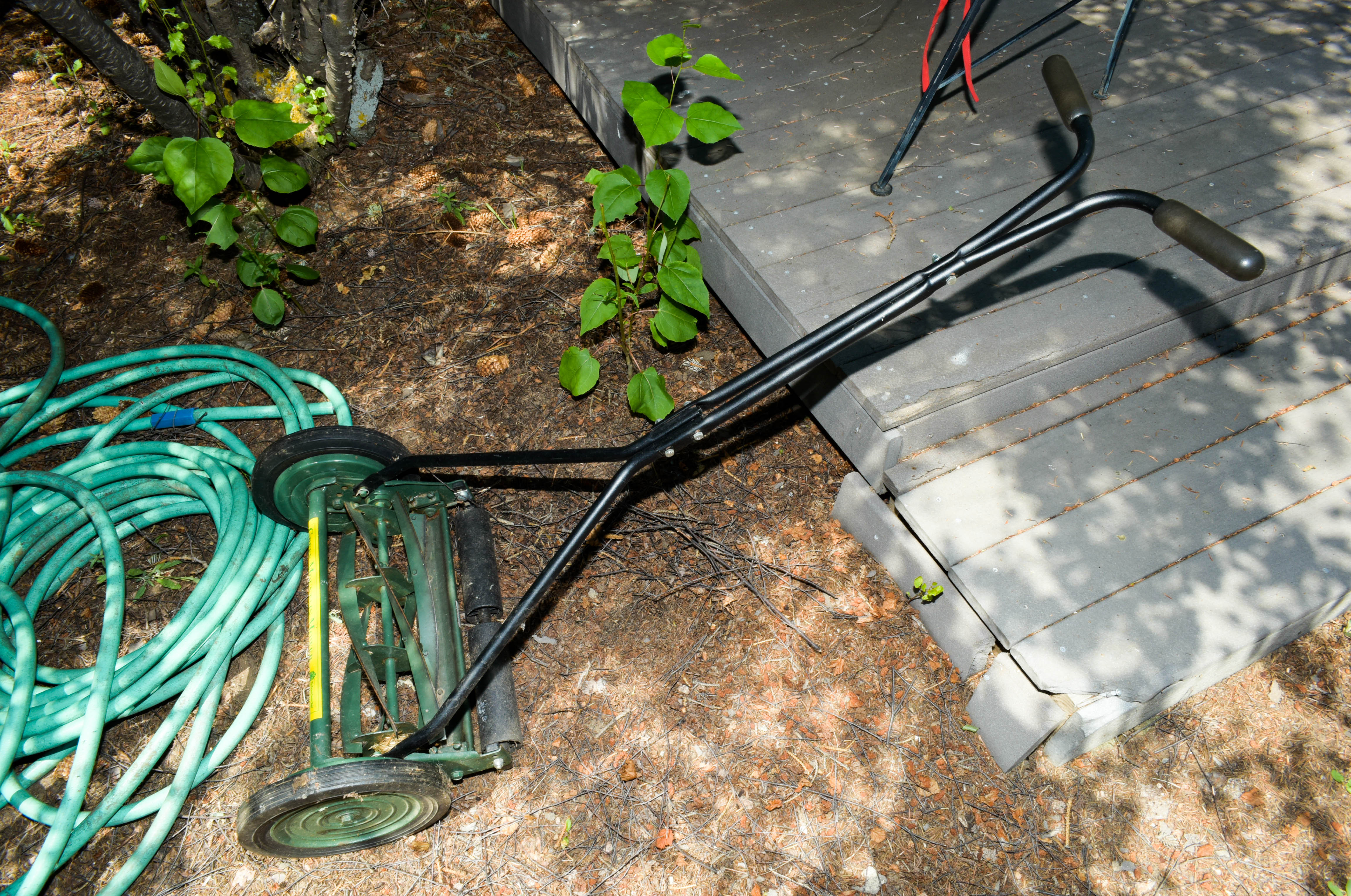 Green Push Mower and Yard Hose