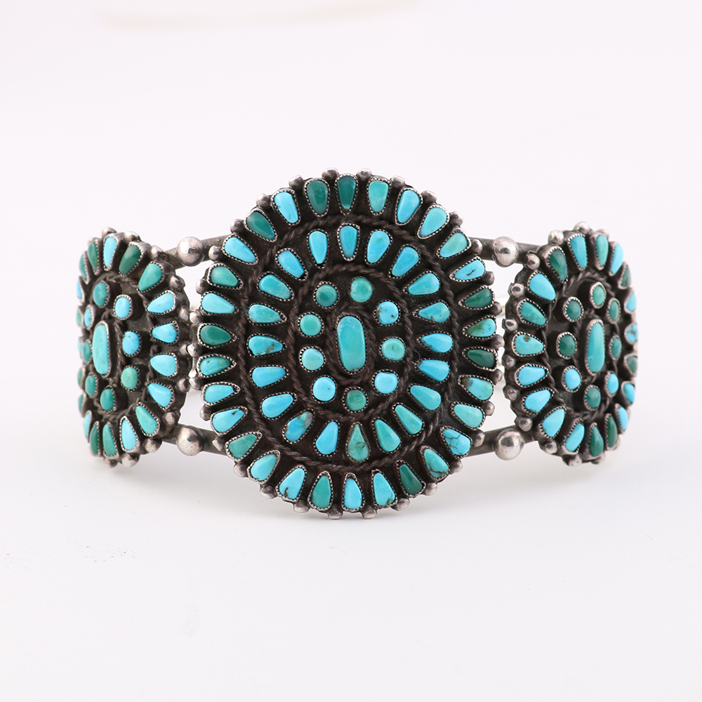 Mid Century Sterling and Turquoise Zuni Petit Point Cuff Bracelet