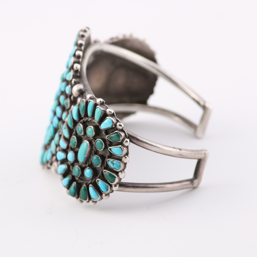 Mid Century Sterling and Turquoise Zuni Petit Point Cuff Bracelet
