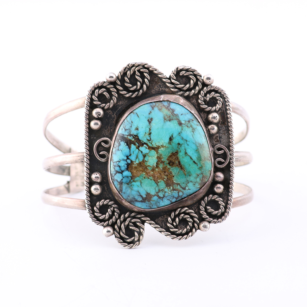 Sterling Cuff Bracelet with Large Natural Turquoise Stone