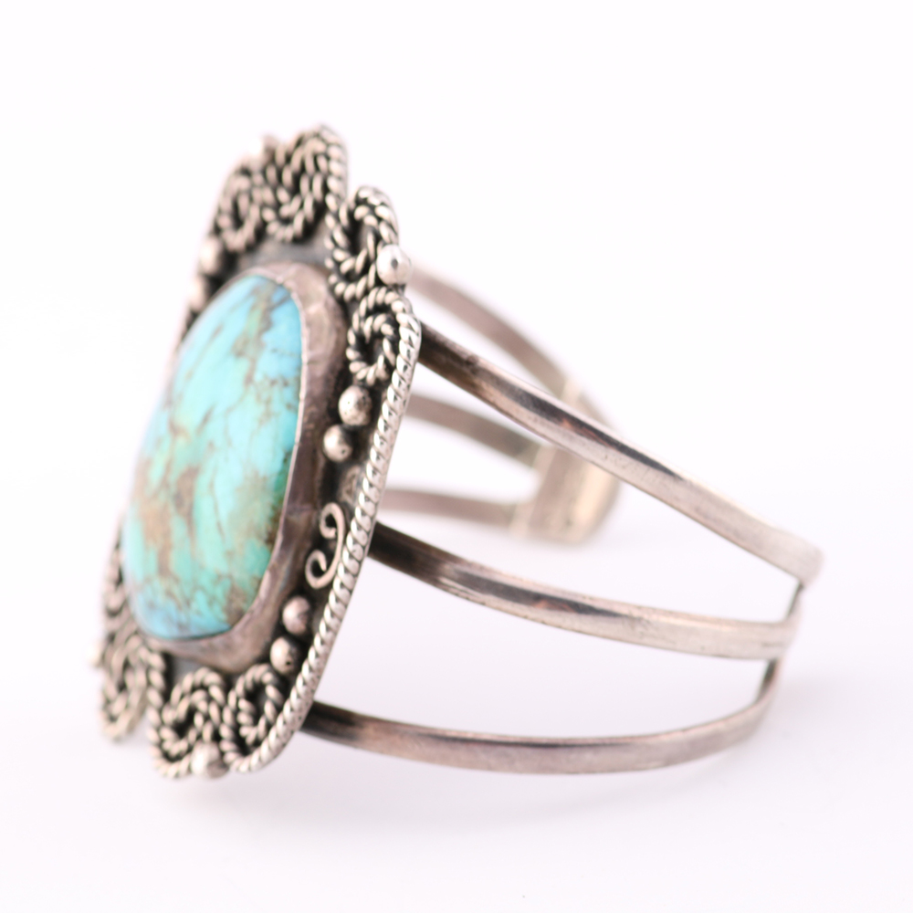 Sterling Cuff Bracelet with Large Natural Turquoise Stone