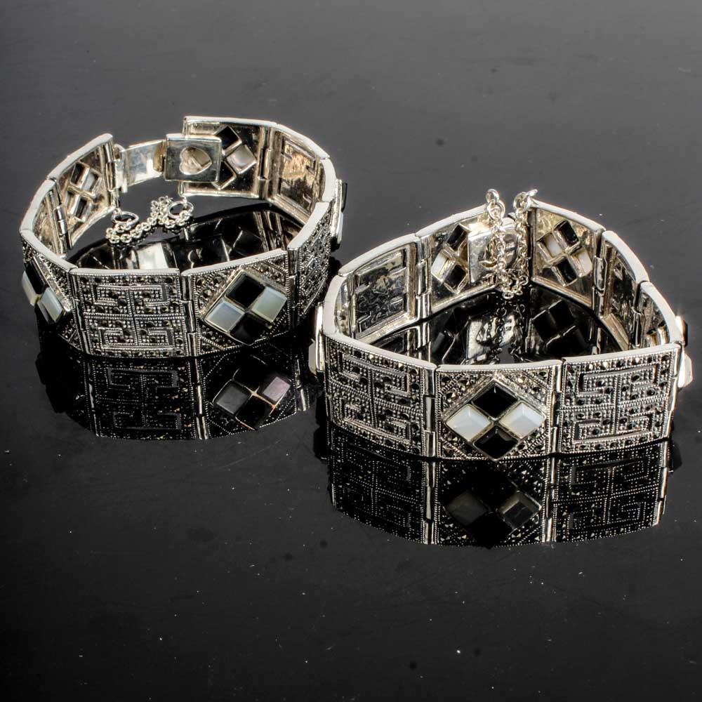 Two Sterling Silver Onyx and Mother of Pearl Bracelets
