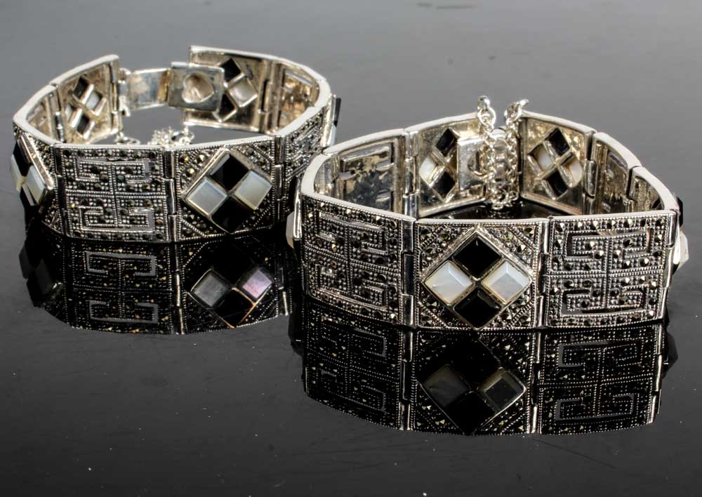 Two Sterling Silver Onyx and Mother of Pearl Bracelets