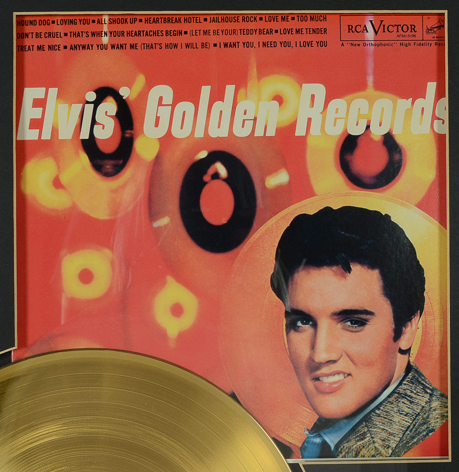 Framed Elvis Golden Records Special Edition 24K Gold Plated Records with "Elvis' Golden Records" and a 45 Featuring the Song "Hound Dog" from RCA Records