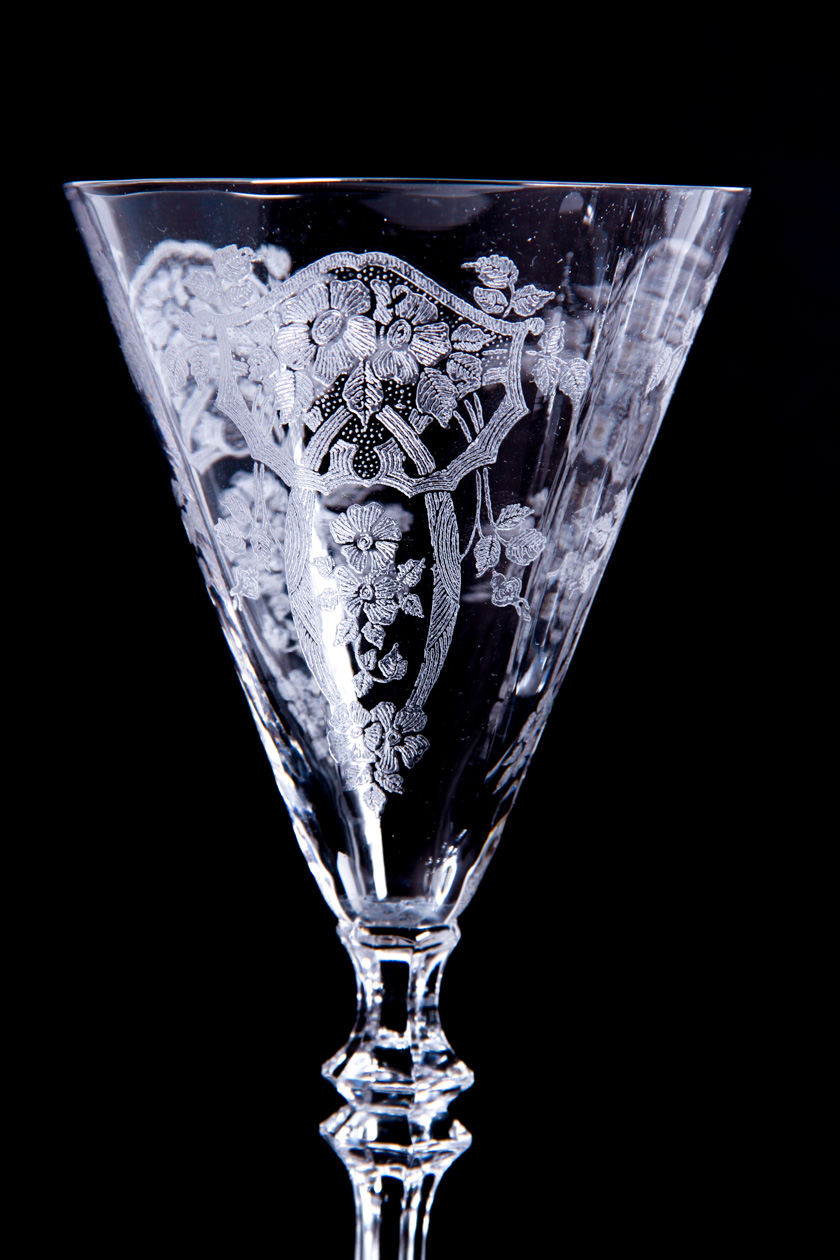 Set of Etched Glass Ornate Wine Glasses