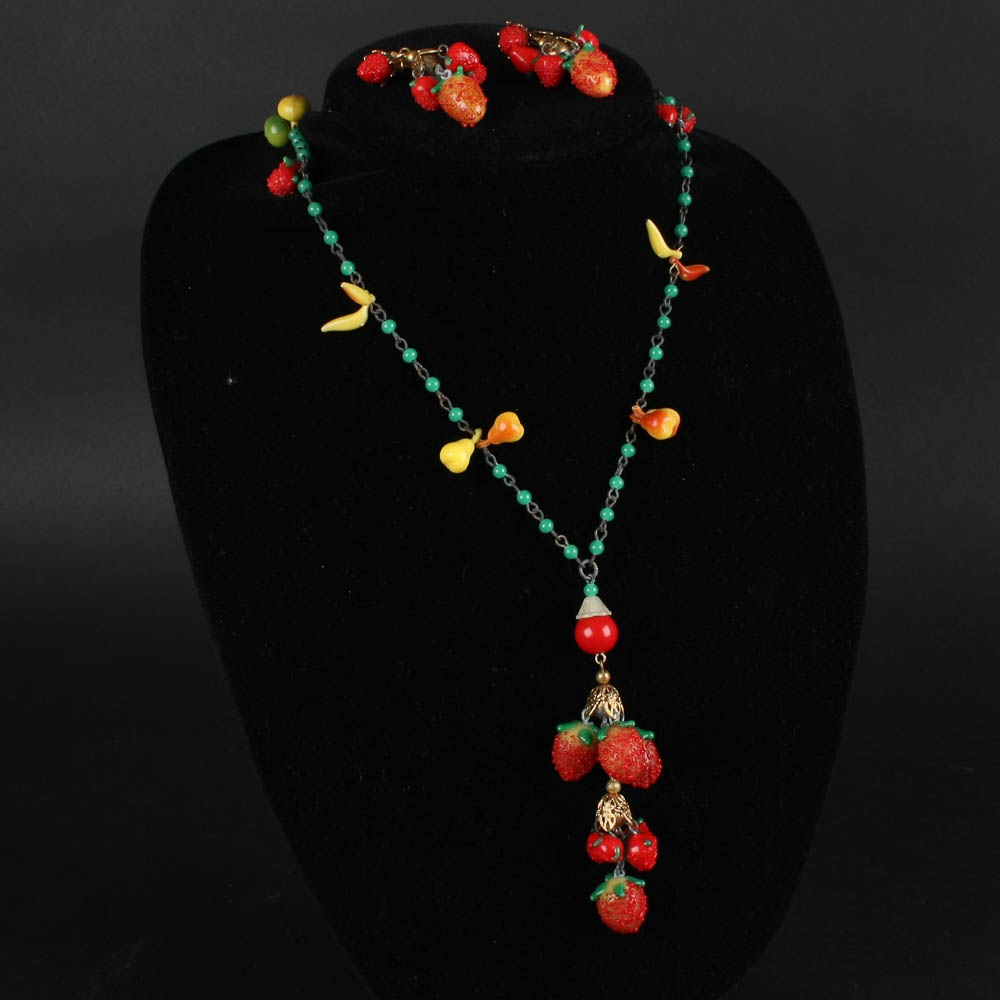 Vintage Glass Fruit Necklace and Earrings Set